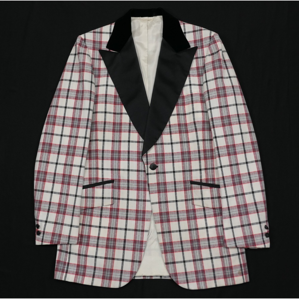 VTG 70s Seno and Sons x Lord West Plaid Tuxedo Smoking Jacket 41XL Velvet Collar